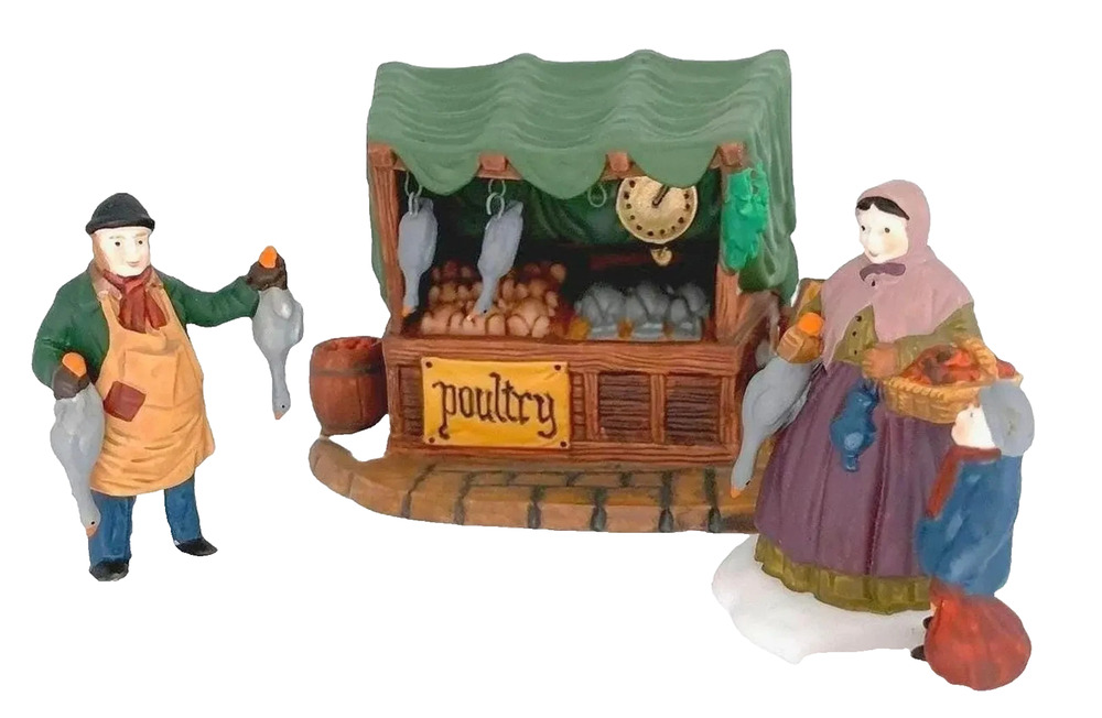 Christmas Village Poultry Butcher Market Stall w/ Figures, Boxed